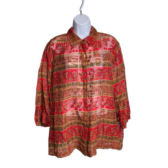 Coldwater Creek Red Aztec Print Sheer Button Up Top Size 1X Statement Boho Flowy - Picture 1 of 11